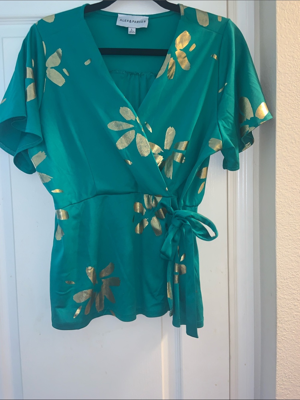 Teal Wrap Blouse with Gold Floral Accents